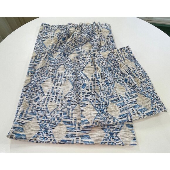 Vintage 1970s curtains, blue white abstract print, pair of pleated panels - Picture 1 of 10